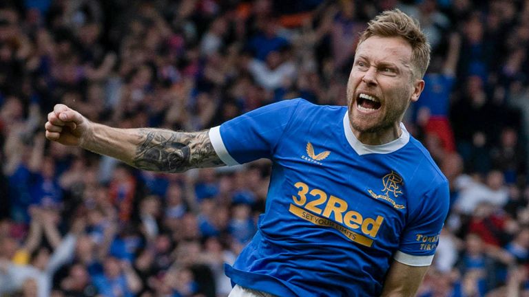 Scott Arfield celebrates scoring to make it 1-1 during the Scottish Cup semi-final between Celtic and Rangers at Hampden Park