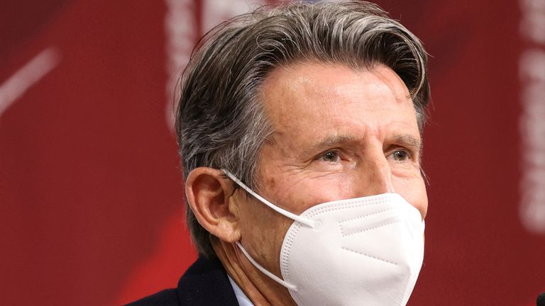 Sebastian Coe, President of World Athletics, speaks at a press conference at the National Stadium in Shinjuku Ward, Tokyo on May 9, 2023. The Tokyo Olympics Athletics Test Event "Athletics ready fixed Tokyo" It is being played without spectators at the National Stadium amid the COVID-19 pandemic.  (The Yomiuri Shimbun via AP Images)