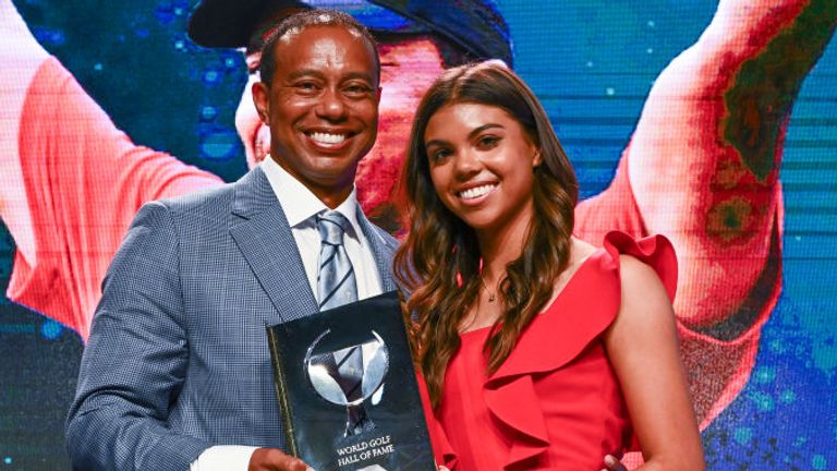 Tiger Woods pictured with his daughter Sam after inducting her into the World Golf Hall of Fame