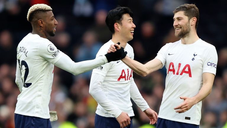 Ben Davies, right, Emerson Royal, left, and Hung Min Son celebrate after Tottenham's win over Newcastle