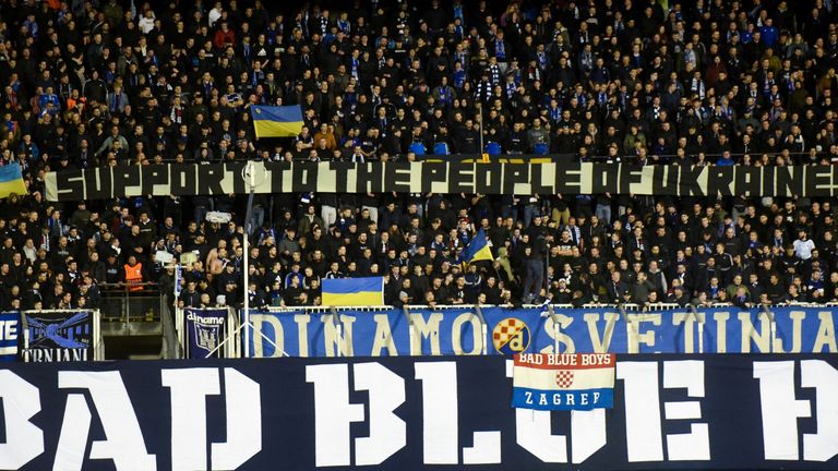 Fans of Dinamo Zagreb at Maksimir Stadium showed their support for the people of Ukraine in their narrow aggregate defeat to Sevilla.