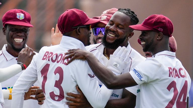 Kyle Myers celebrates one of his five points from the second round leaving him with matching numbers 7 to 22 for the West Indies