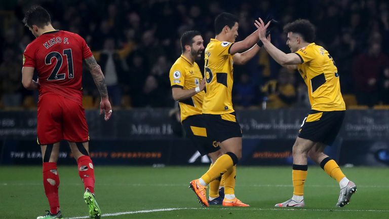 Wolverhampton players celebrate for the second time in the match, after Watford Kocho Hernandez (not pictured) scored an own goal.