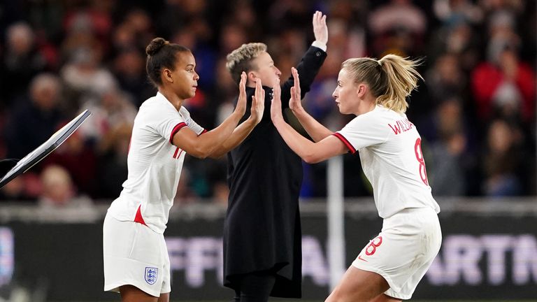 England captain Lea Williamson (right) is replaced by teammate Nikita Paris during the Arnold Clark Cup match at Riverside Stadium in Middlesbrough.  Photo date: Thursday, February 17, 2023.