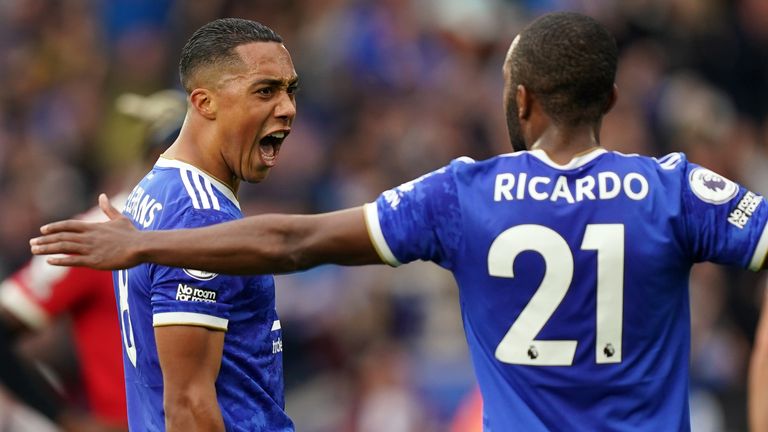 Yuri Tillmans (left) of Leicester City celebrates with a goal