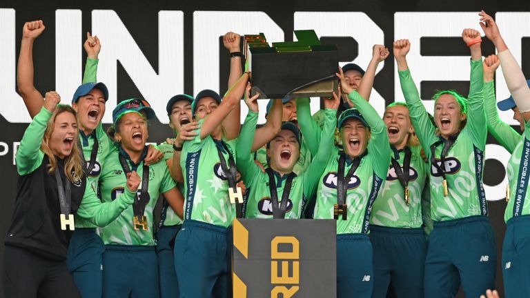 Oval Invincibles Women's Team celebrates defeating Southern Brave in the 2023 Hundred . Final